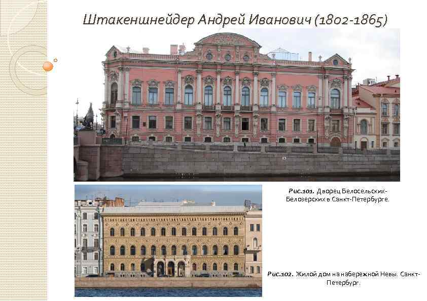 Штакеншнейдер Андрей Иванович (1802 -1865) Рис. 101. Дворец Белосельских. Белозерских в Санкт-Петербурге. Рис. 102.