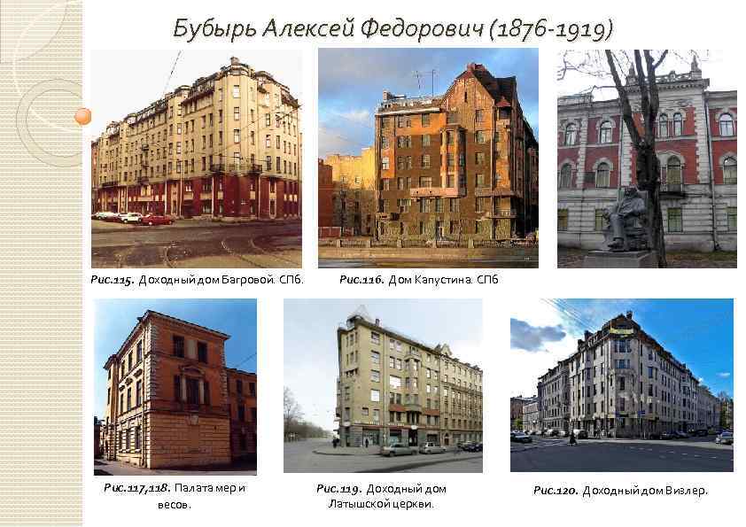 Бубырь Алексей Федорович (1876 -1919) Рис. 115. Доходный дом Багровой. СПб. Рис. 117, 118.