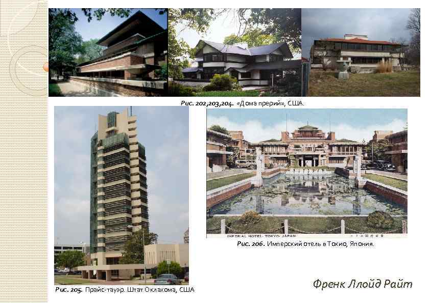 Рис. 202, 203, 204. «Дома прерий» , США. Рис. 206. Имперский отель в Токио,