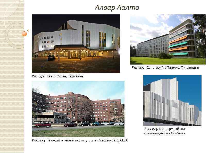Алвар Аалто Рис. 272. Санаторий в Паймио, Финляндия Рис. 271. Театр, Эссен, Германия Рис.
