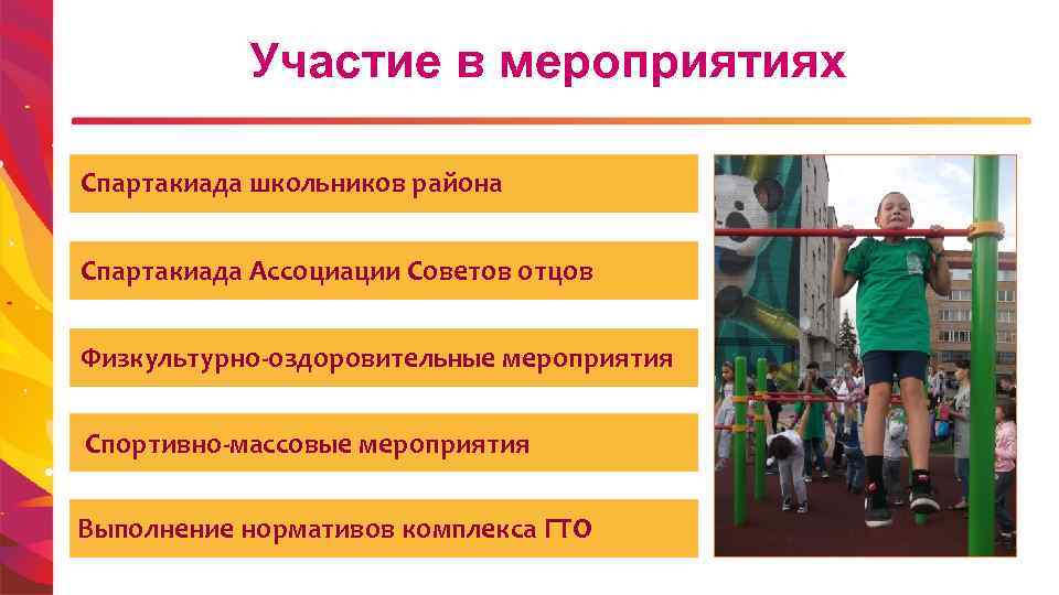 Участие в мероприятиях Спартакиада школьников района Спартакиада Ассоциации Советов отцов Физкультурно-оздоровительные мероприятия Спортивно-массовые мероприятия