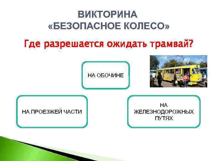 ВИКТОРИНА «БЕЗОПАСНОЕ КОЛЕСО» Где разрешается ожидать трамвай? НА ОБОЧИНЕ НА ПРОЕЗЖЕЙ ЧАСТИ НА ЖЕЛЕЗНОДОРОЖНЫХ