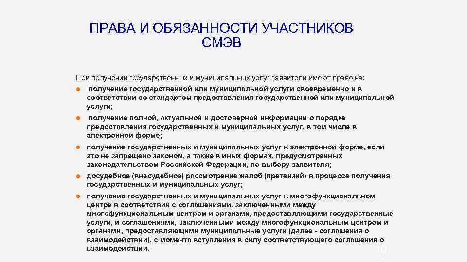 ПРАВА И ОБЯЗАННОСТИ УЧАСТНИКОВ СМЭВ При получении государственных и муниципальных услуг заявители имеют право