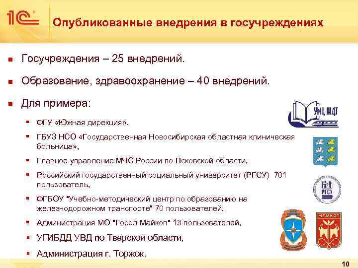 Опубликованные внедрения в госучреждениях n Госучреждения – 25 внедрений. n Образование, здравоохранение – 40
