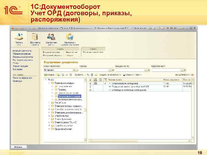 1 С: Документооборот Учет ОРД (договоры, приказы, распоряжения) 18 