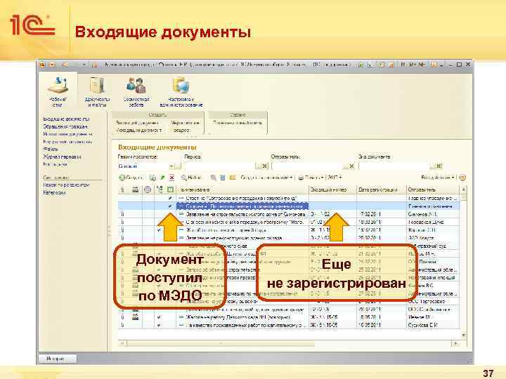 Входящие документы Документ поступил по МЭДО Еще не зарегистрирован 37 