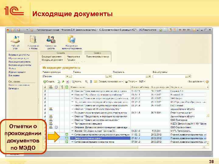 Исходящие документы Отметки о прохождении документов по МЭДО 38 
