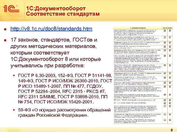 1 С: Документооборот Соответствие стандартам n n http: //v 8. 1 c. ru/doc 8/standards.