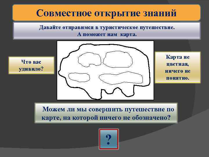 Совместное открытие знаний Давайте отправимся в туристическое путешествие. А поможет нам карта. Карта не