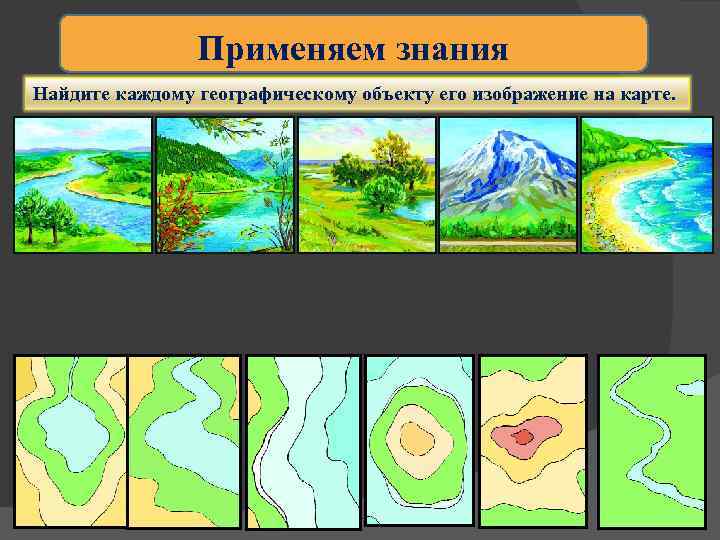 Применяем знания Найдите каждому географическому объекту его изображение на карте. 