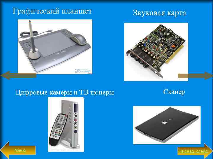 Графический планшет Цифровые камеры и ТВ-тюнеры Меню Звуковая карта Сканер На след. слайд 