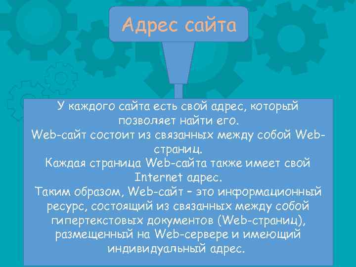 Адрес сайта У каждого сайта есть свой адрес, который позволяет найти его. Web-сайт состоит