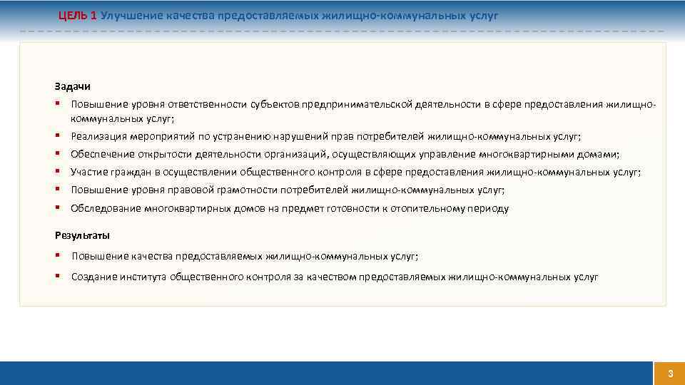 ЦЕЛЬ 1 Улучшение качества предоставляемых жилищно-коммунальных услуг Задачи Повышение уровня ответственности субъектов предпринимательской деятельности