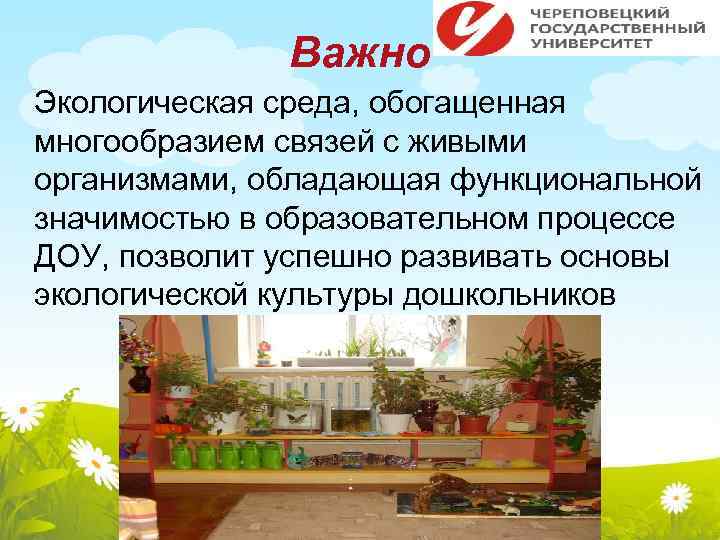 Важно Экологическая среда, обогащенная многообразием связей с живыми организмами, обладающая функциональной значимостью в образовательном