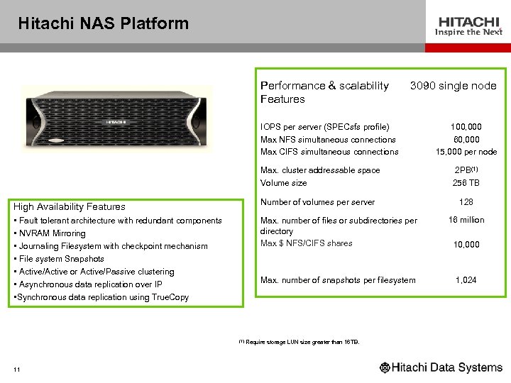 Hitachi NAS Platform Performance & scalability Features 3090 single node IOPS per server (SPECsfs