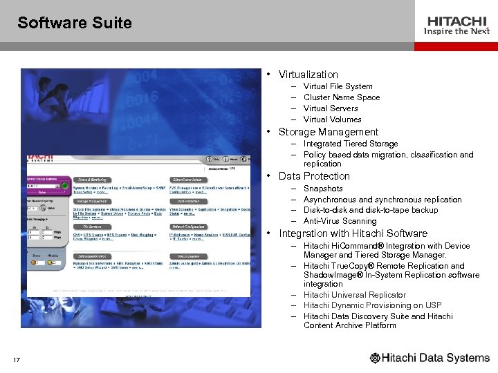 Software Suite • Virtualization – – Virtual File System Cluster Name Space Virtual Servers