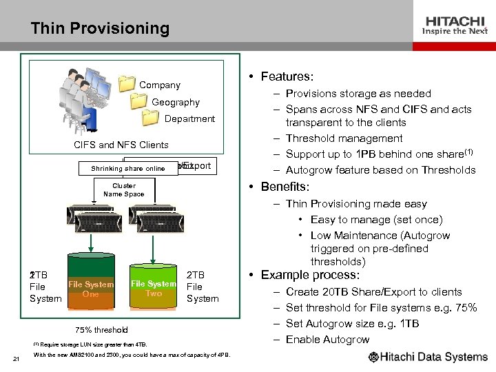 Thin Provisioning • Features: Company Geography Department CIFS and NFS Clients 5 TB Share/Export