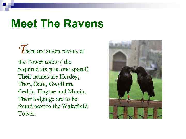 Meet The Ravens There are seven ravens at the Tower today ( the required
