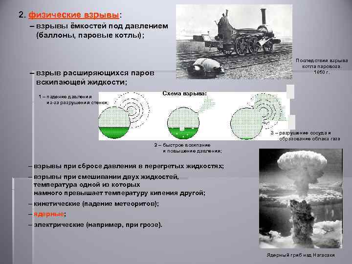 2. физические взрывы: – взрывы ёмкостей под давлением (баллоны, паровые котлы); Последствия взрыва котла