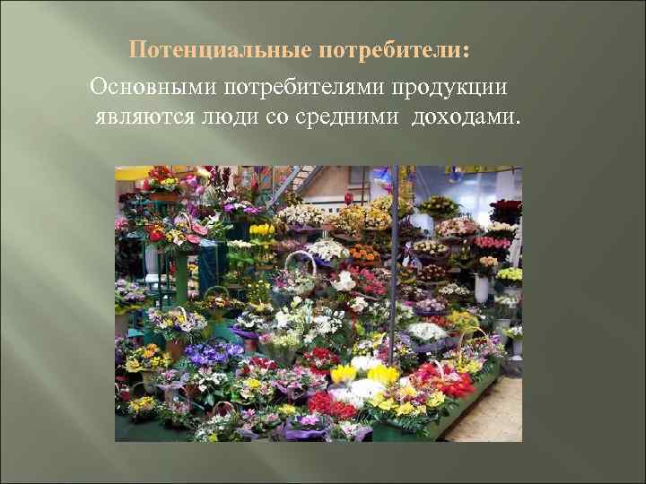 Потенциальные потребители: Основными потребителями продукции являются люди со средними доходами. 
