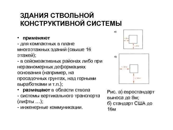 ЗДАНИЯ СТВОЛЬНОЙ КОНСТРУКТИВНОЙ СИСТЕМЫ • применяют - для компактных в плане многоэтажных зданий (свыше