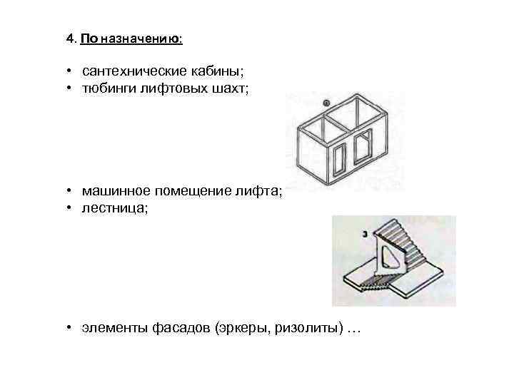 4. По назначению: • сантехнические кабины; • тюбинги лифтовых шахт; • машинное помещение лифта;