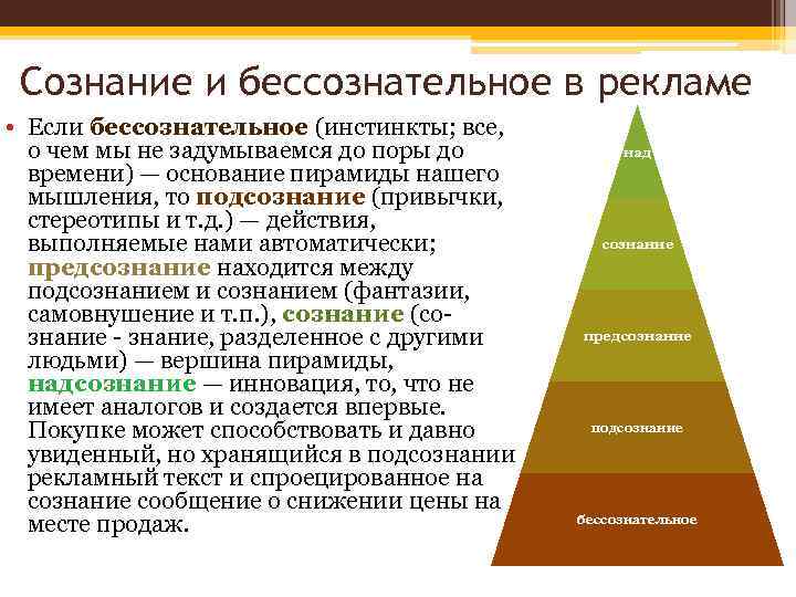 Сознание и бессознательное в рекламе • Если бессознательное (инстинкты; все, о чем мы не