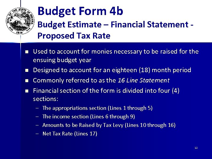 Budget Form 4 b Budget Estimate – Financial Statement Proposed Tax Rate n n