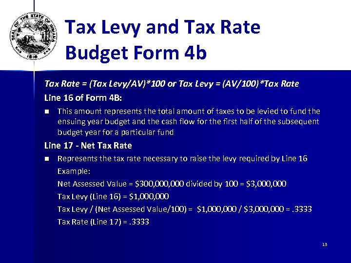 Tax Levy and Tax Rate Budget Form 4 b Tax Rate = (Tax Levy/AV)*100
