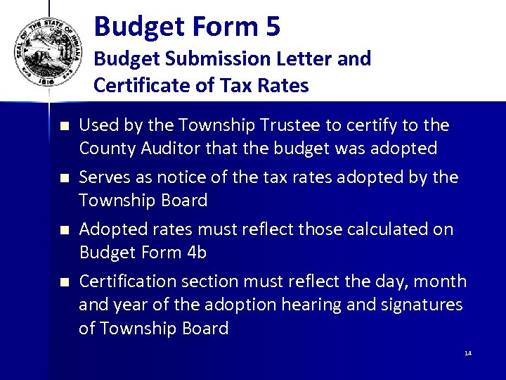Budget Form 5 Budget Submission Letter and Certificate of Tax Rates n n Used