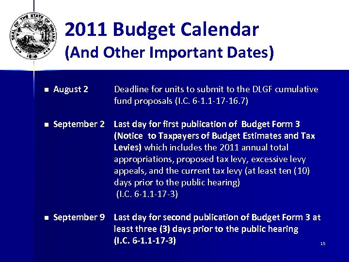 2011 Budget Calendar (And Other Important Dates) n August 2 Deadline for units to