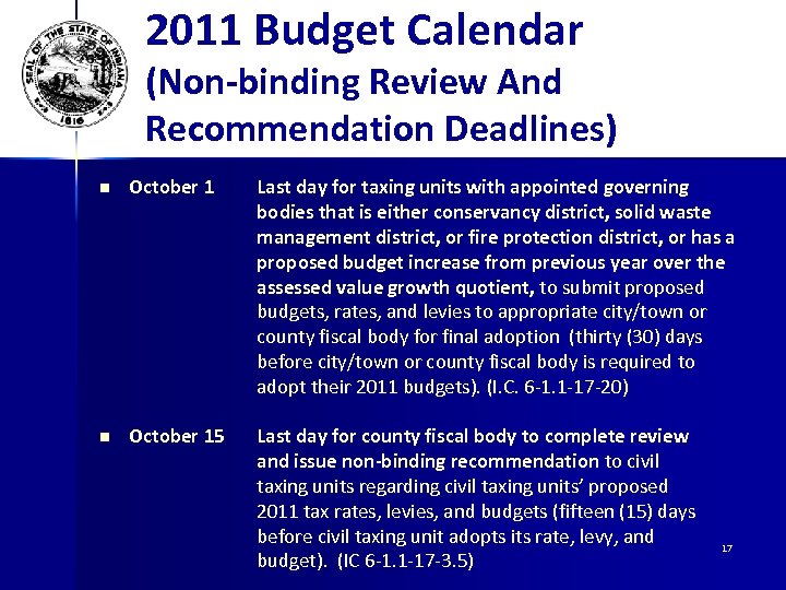 2011 Budget Calendar (Non-binding Review And Recommendation Deadlines) n October 1 Last day for