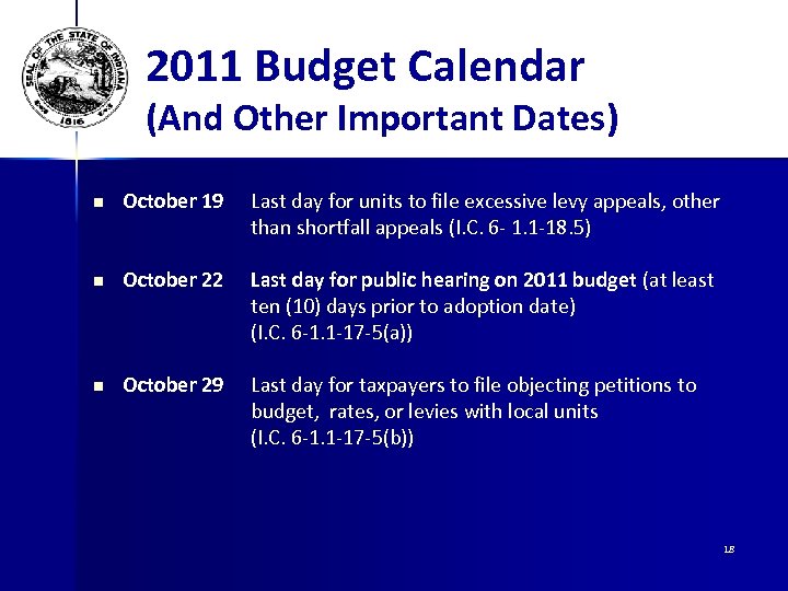 2011 Budget Calendar (And Other Important Dates) n October 19 Last day for units