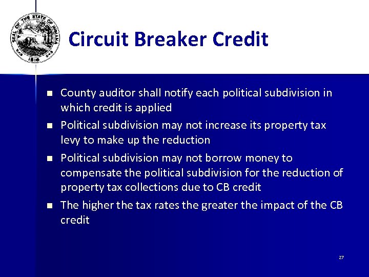 Circuit Breaker Credit n n County auditor shall notify each political subdivision in which