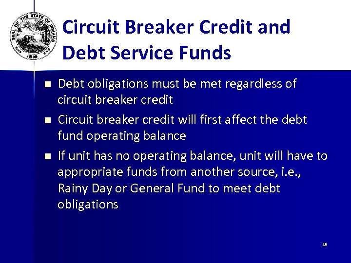 Circuit Breaker Credit and Debt Service Funds n n n Debt obligations must be