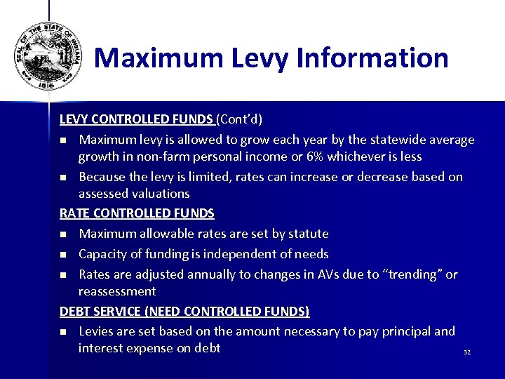 Maximum Levy Information LEVY CONTROLLED FUNDS (Cont’d) n Maximum levy is allowed to grow