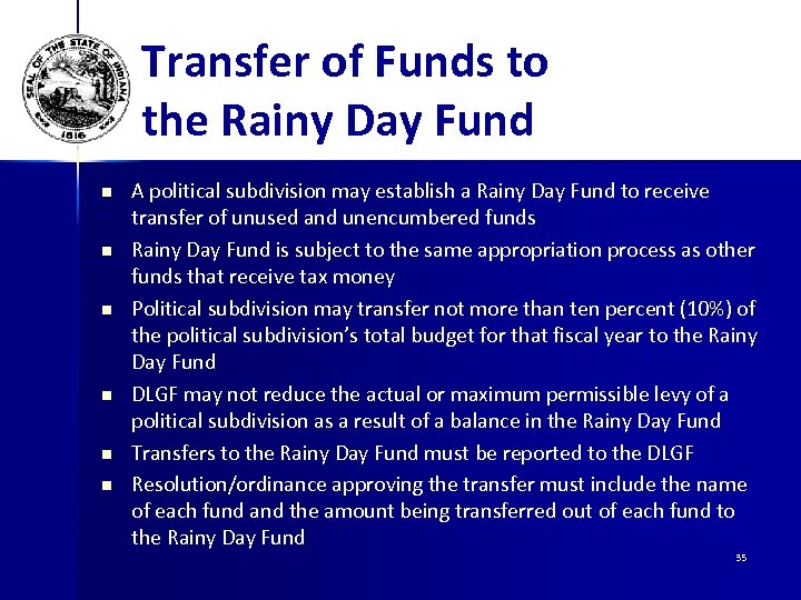 Transfer of Funds to the Rainy Day Fund n n n A political subdivision