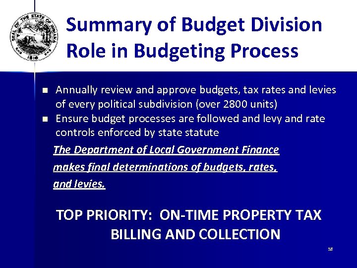 Summary of Budget Division Role in Budgeting Process n n Annually review and approve