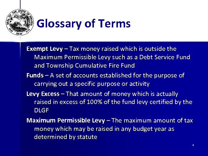 Glossary of Terms Exempt Levy – Tax money raised which is outside the Maximum