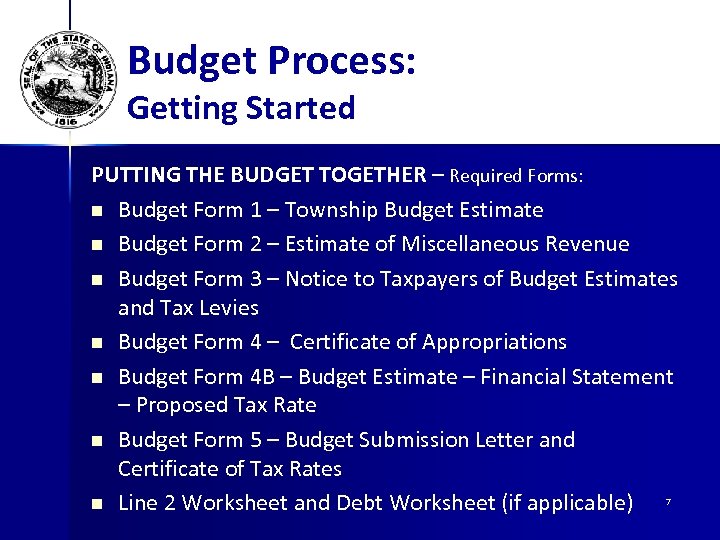 Budget Process: Getting Started PUTTING THE BUDGET TOGETHER – Required Forms: n Budget Form