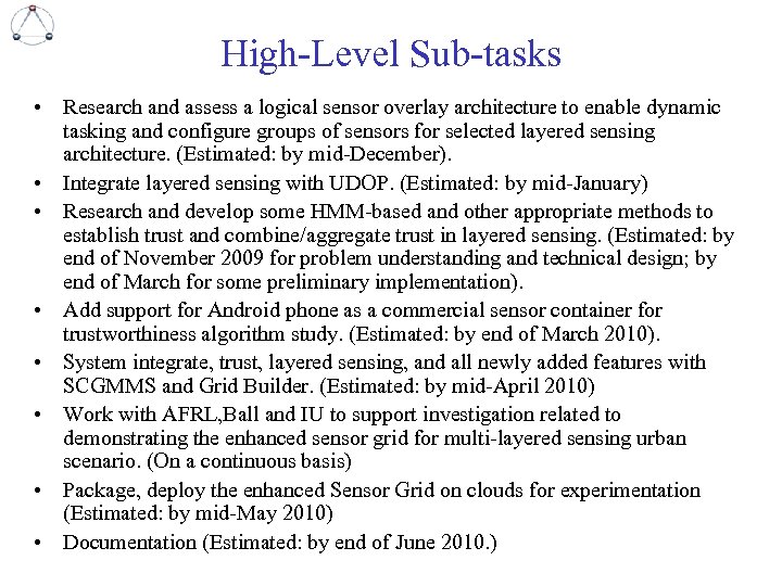 High-Level Sub-tasks • Research and assess a logical sensor overlay architecture to enable dynamic