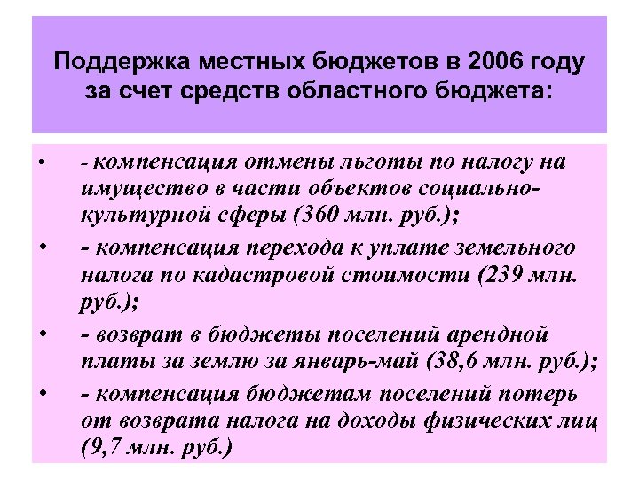 Поддержка местных бюджетов в 2006 году за счет средств областного бюджета: • • -