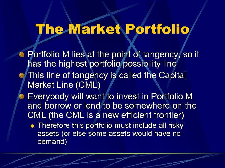 The Market Portfolio M lies at the point of tangency, so it has the