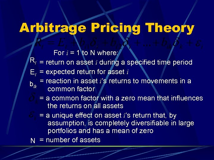 Arbitrage Pricing Theory Ri Ei bik N For i = 1 to N where: