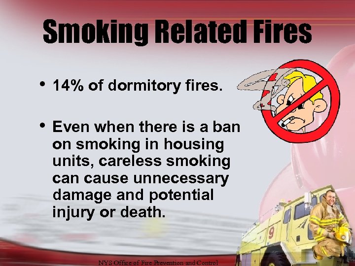 Smoking Related Fires • 14% of dormitory fires. • Even when there is a