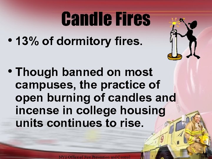 Candle Fires • 13% of dormitory fires. • Though banned on most campuses, the