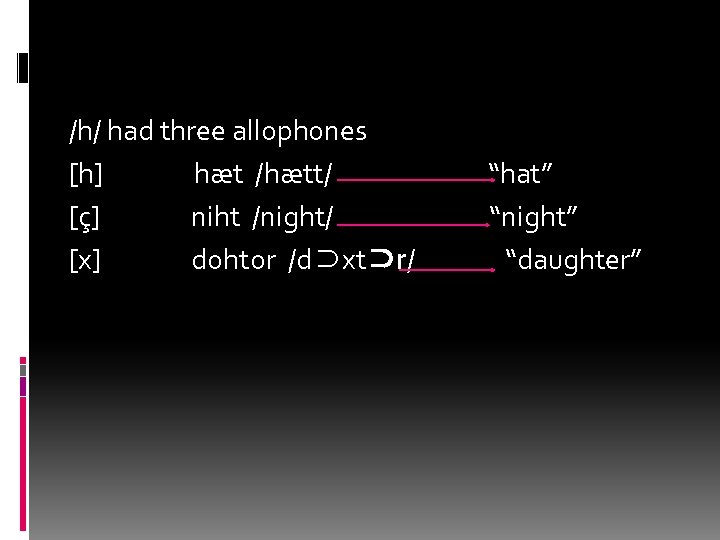 /h/ had three allophones [h] hæt /hætt/ “hat” [ç] niht /night/ “night” [x] dohtor