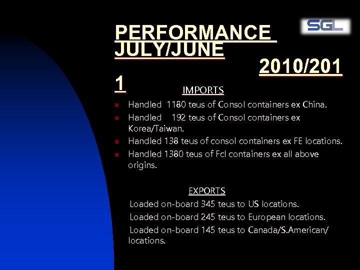 PERFORMANCE JULY/JUNE 2010/201 1 IMPORTS n n Handled 1180 teus of Consol containers ex