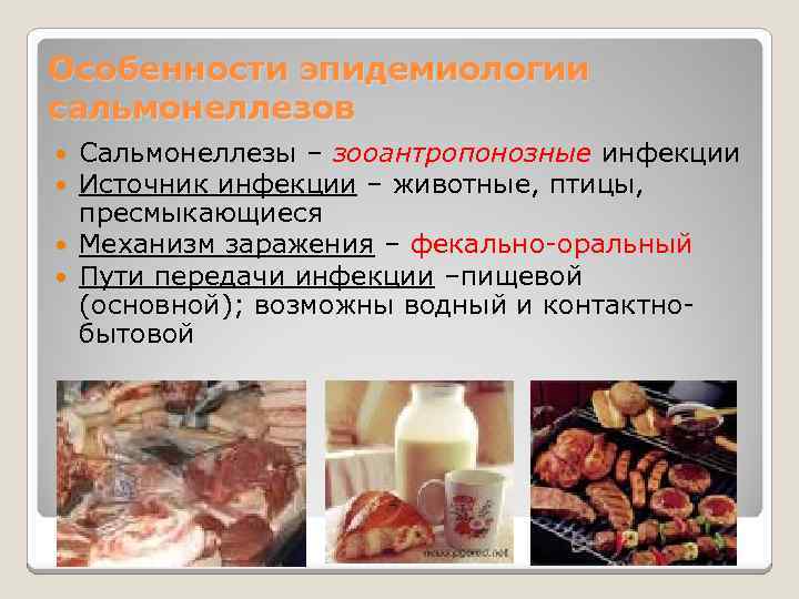 Особенности эпидемиологии сальмонеллезов Сальмонеллезы – зооантропонозные инфекции Источник инфекции – животные, птицы, пресмыкающиеся Механизм