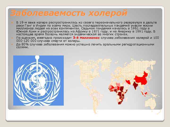 Заболеваемость холерой В 19 -м веке холера распространилась из своего первоначального резервуара в дельте
